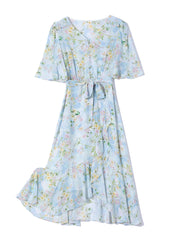 Seidenblumen -Wrap -Kleid mit Rüschensaum und Krawatte Taille