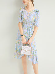 Flare Sleeves Floral Silk Wrap Dress with Ruffle Trim