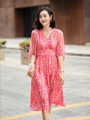 V-Neck Pink Printed Silk Midi Dress with Puff Sleeves