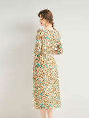Silk Floral Tie-Waist Long Dress with Boat Neckline