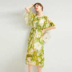 Round Neck Green Floral Silk Midi Dress with Sheer Flutter Sleeves
