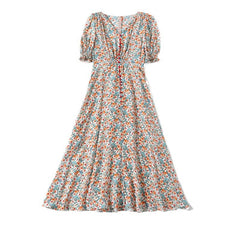V Hals Seidenblumes Midi Kleid mit krümmten Taille und Puffärmel