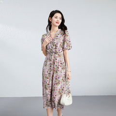 Purple Floral Silk Wrap Dress with Puff Sleeves for Summer