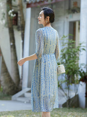 Paisley Print Puff Sleeves Silk Midi Dress with Elastic Waist