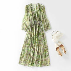 V-Neck Green Marble Print Silk Dress with Drawstring Waist