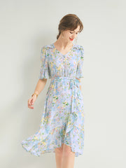 Flare Sleeves Floral Silk Wrap Dress with Ruffle Trim