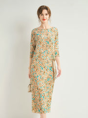 Silk Floral Tie-Waist Long Dress with Boat Neckline