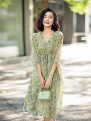 V-Neck Green Marble Print Silk Dress with Drawstring Waist