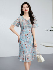 V-Neck Elegant Floral Print Silk Midi Dress with Flutter Sleeves