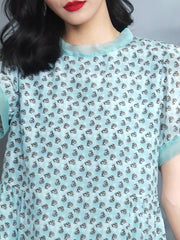 Blue Floral Silk Dress with Contrast Trim