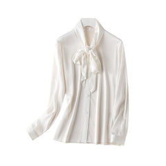Women's 100% Silk Blouse with Elegant Bow Tie Neck Silk Top