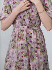 Purple Floral Silk Wrap Dress with Puff Sleeves for Summer