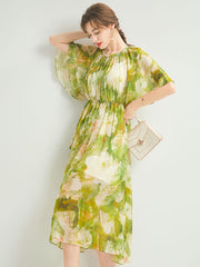 Round Neck Green Floral Silk Midi Dress with Sheer Flutter Sleeves