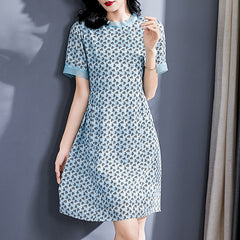Blue Floral Silk Dress with Contrast Trim
