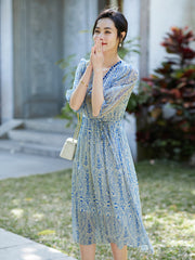 Paisley Print Puff Sleeves Silk Midi Dress with Elastic Waist