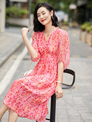 V-Neck Pink Printed Silk Midi Dress with Puff Sleeves
