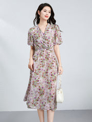 Purple Floral Silk Wrap Dress with Puff Sleeves for Summer