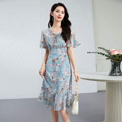 V-Neck Elegant Floral Print Silk Midi Dress with Flutter Sleeves