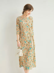Silk Floral Tie-Waist Long Dress with Boat Neckline
