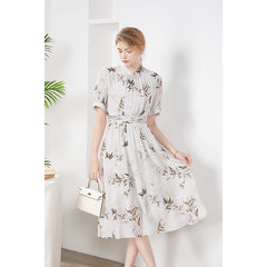 Bamboo Print Silk Midi Dress with High Neck and Ruched Waist
