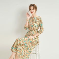 Silk Floral Tie-Waist Long Dress with Boat Neckline
