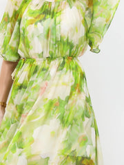 Round Neck Green Floral Silk Midi Dress with Sheer Flutter Sleeves