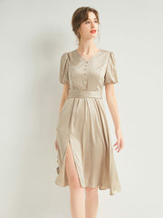 Classic V Neck Front Slit Silk Midi Dress with Puff Sleeves