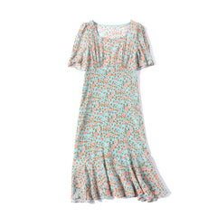 Square Neck Floral Silk Dress with Puff Sleeves