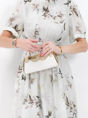 Bamboo Print Silk Midi Dress with High Neck and Ruched Waist