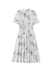 Bamboo Print Silk Midi Dress with High Neck and Ruched Waist