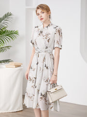 Bamboo Print Silk Midi Dress with High Neck and Ruched Waist
