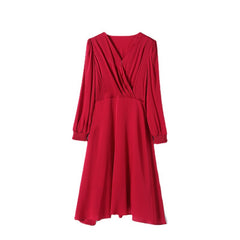 Red elegantes V-Ausschnitt mit V-Ausschnitt und Langarm Seiden Midi Kleid