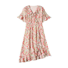 Asymmetrical Hem Silk Floral Wrap Dress with Flutter Sleeves & Ruffle Trim