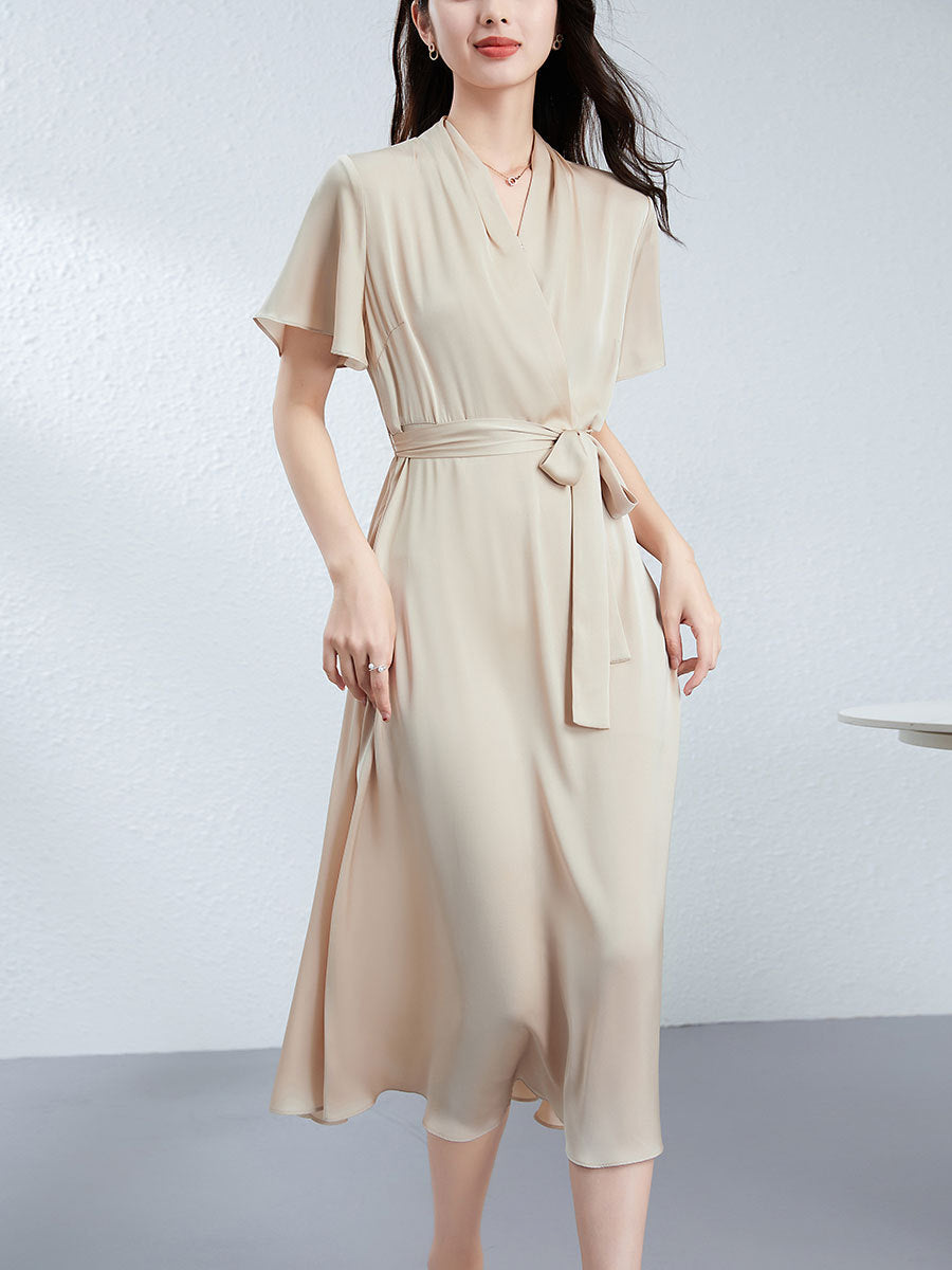 silk midi dress champagne Champagne Silk Wrap Midi Dress with Short Flutter Sleeves Champagne / S
