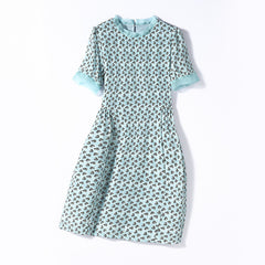 Blue Floral Silk Dress with Contrast Trim