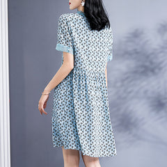 Blue Floral Silk Dress with Contrast Trim
