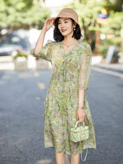 V-Neck Green Marble Print Silk Dress with Drawstring Waist