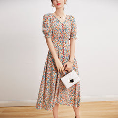 V Hals Seidenblumes Midi Kleid mit krümmten Taille und Puffärmel