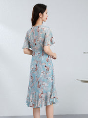 V-Neck Elegant Floral Print Silk Midi Dress with Flutter Sleeves