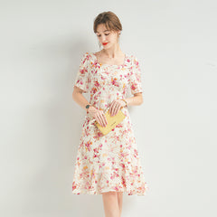 Square Neck Floral Silk Dress with Puff Sleeves