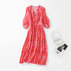 V-Neck Pink Printed Silk Midi Dress with Puff Sleeves