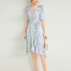 Flare Sleeves Floral Silk Wrap Dress with Ruffle Trim