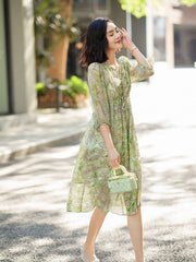 V-Neck Green Marble Print Silk Dress with Drawstring Waist
