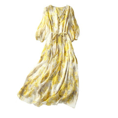Gelbe Blumenpuffärmel Seiden Midi Kleid mit Kordelstring Taille