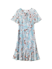 V-Neck Elegant Floral Print Silk Midi Dress with Flutter Sleeves