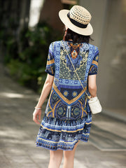 Baroque-Inspired Short Sleeves Silk Dress with Ruffle Hem