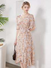 Flare Sleeves Floral Silk Wrap Dress with Ruffle Trim