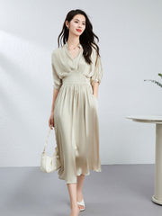 V-Neck Elegant Women's Summer Silk Maxi Dress with Pockets