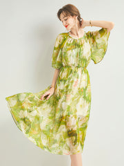 Round Neck Green Floral Silk Midi Dress with Sheer Flutter Sleeves