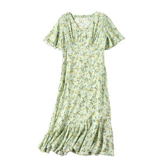Elegantes grüne Blumenseide Midi-Kleid mit V-Ausschnitt und Flutterhülsen